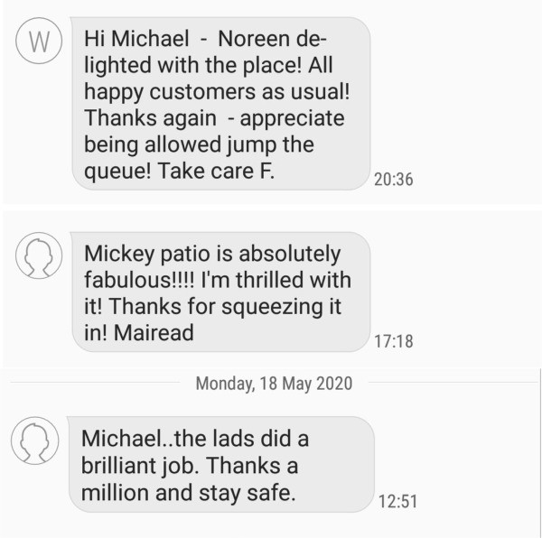 Screenshots of messages from satisfied customers of Pro Wash Roof Cleaning and Soft Washing, Cork, Ireland